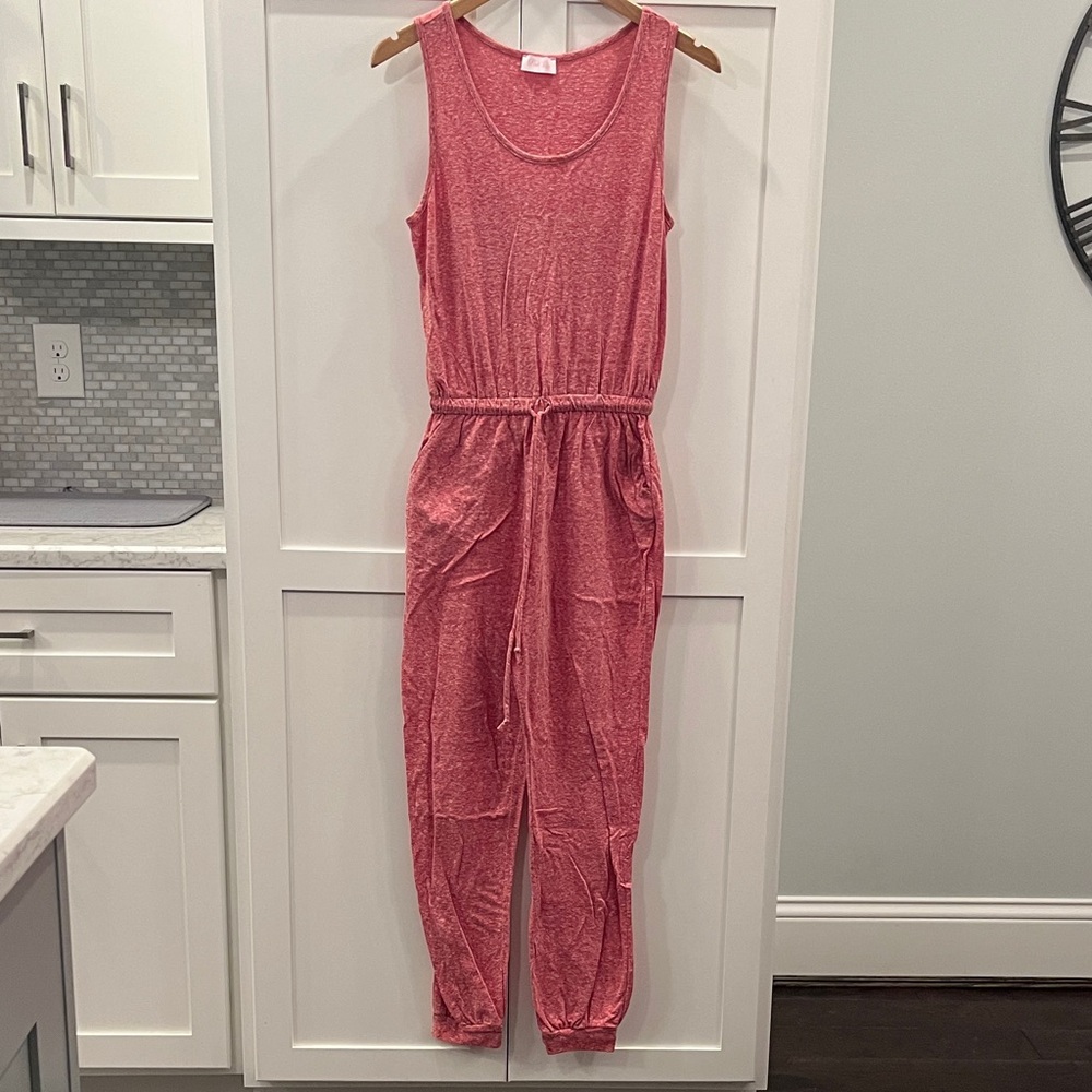 Women's Sleeveless cinched drawstring-waist Salmon Heather Jumpsuit Small
